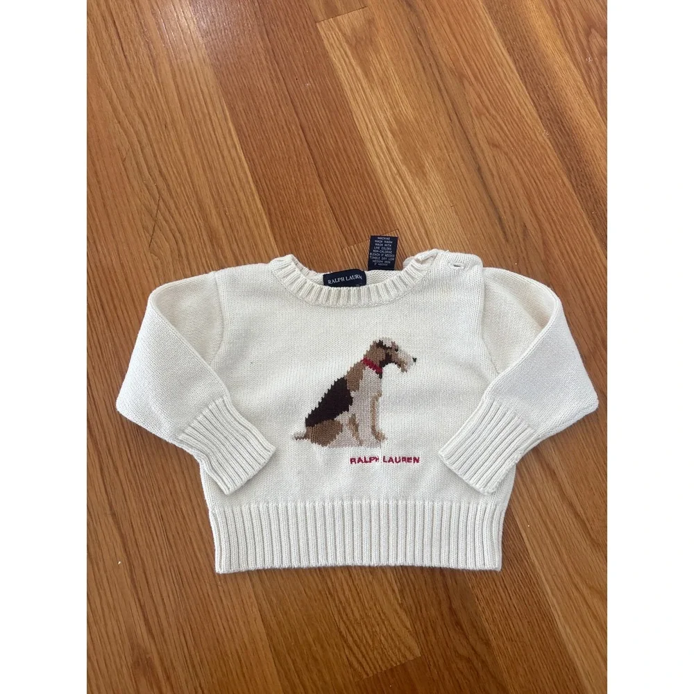 Ralph Lauren Baby Cream Cotton Terrier Dog Intarsia Sweater 9M 12M
